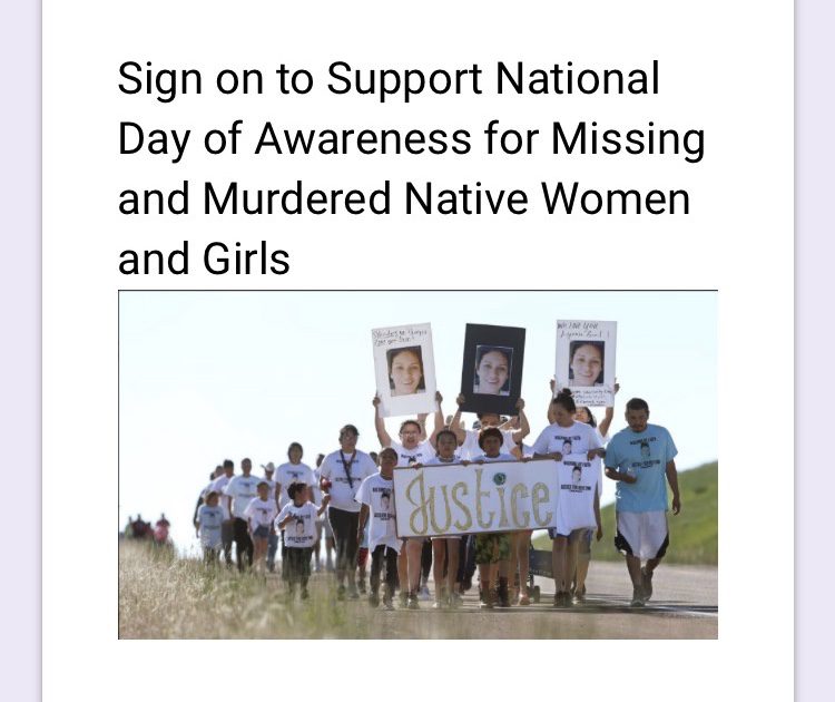 Call to Action! Your support is needed to create a  National Day of Awareness for Missing and Murdered Native Women and Girls